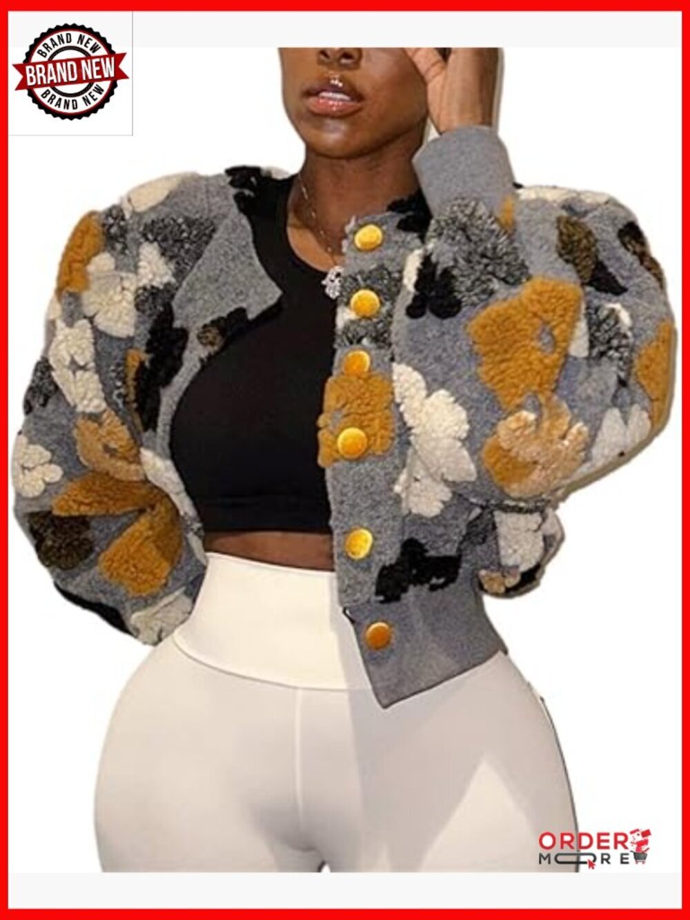 Cropped Floral Print Fleece Bomber Jacket Casual Puff Sleeve Button Down Coat